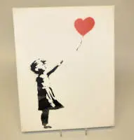 Banksy, Dismal Canvas, Girl with Balloon, Dismaland, estarcido de 2015