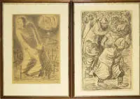 Ernst Barlach, "Der Heilige Krieg", "Erst Sieg, dann Frieden!", "Evakuierung" और "Die Bethlehem Steel-Company", 1914/15 की चार लिथोग्राफ़, फ़्रेम सहित