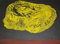 Felix Droese, "Hemelse vrede 3.6.1989" ve "Lockvogel", renkli ahşap baskı ve gravür, imzalı