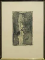 Ernst Fuchs, „Eva-Nymphe (Im Griff der Sphinx)”, 1969 tarihli imzalı akvatinta gravür, çerçeveli