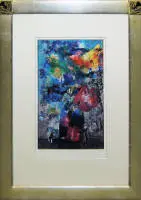 Ernst Fuchs, Mavi vazoda renkli çiçek buketi, imzalı renkli serigrafi, özel çerçevesinde