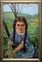 Herbert Grass, Niña con trenzas largas, óleo de 1918, en marco original