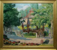 Louis Alexandre Martinage (Grozi), "Le pavillon à Bade" - Baden-Baden'deki eski müzik pavyonu, 1900 civarı nadir yağlıboya tablo, çerçeveli