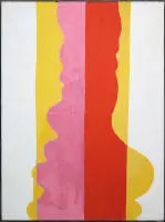 Fritz Harnest, pembe ve mercan kırmızısı, sıcak sarı üzerinde yüksek dikey, 1970 civarı büyük yağlıboya tablo