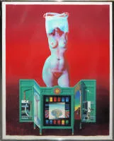 Rudolf Hausner, "Eva's Paravant", 1980 tarihli imzalı renkli litografi, galeri çerçeveli