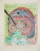 Friedensreich Hundertwasser, "Deniz Yolculuğu I", 1967 renkli gravür/akvatinta, ayrıca 3 adet dörtlü blok damgasız Hundertwasser pulu "Cabo Verde" üst baskılı