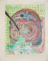 Friedensreich Hundertwasser, "Deniz Yolculuğu I", 1967 renkli gravür/akvatinta, ayrıca 3 adet dörtlü blok damgasız Hundertwasser pulu "Cabo Verde" üst baskılı
