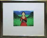 Johannes Hüppi, Köpekli Kadın, imzalı renkli gravür 2004, çerçeveli