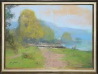 Franz Huth, Göl Kenarında İnsanlar, pastel, çerçeveli