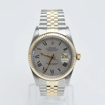 ROLEX. Rannekello, Datejust, 36 mm, viite 16013, Jubilee-ranneke, teräs/kulta, "Silver Buckley Dial", 1982/1983.