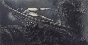 Fuchs, Ernst – Eros im Flug (Guardian Angel - Schutzengel). Original etching in dark turquoise print on cardboard