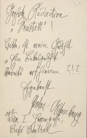 Altenberg, Peter – Billet an die Redaktion der "Freistatt". Ca. 1910