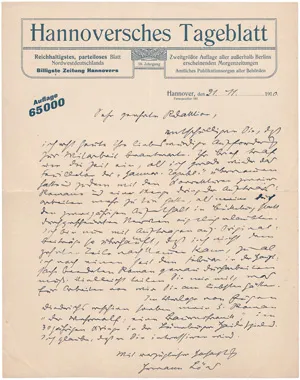 Löns, Hermann – Lettre à une rédaction. 1910