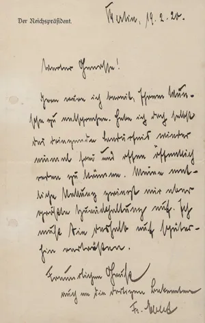 Ebert, Friedrich – Brief an einen Parteigenossen. 1920