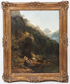 Carl August H. Oesterley. Maalaus, nuori pari vuoristojärvellä, 1891.