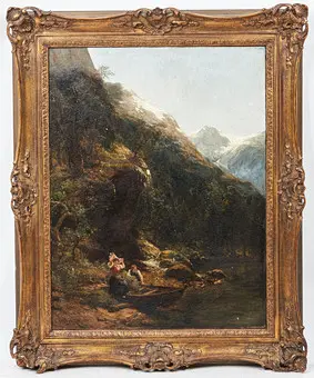 Carl August H. Oesterley. Maalaus, nuori pari vuoristojärvellä, 1891.