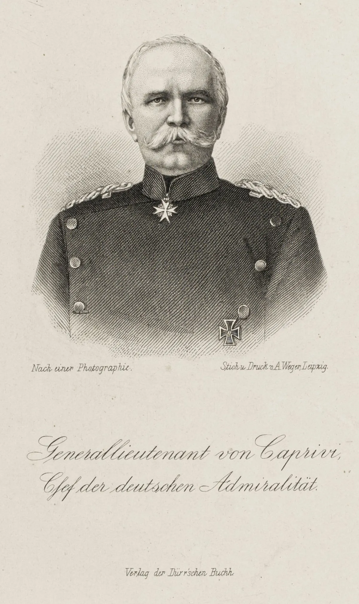 Caprivi, Leo v. (militær) – egenhendig underskrift på ensidig utnevnelsesakt skrevet av skriver. På brevpapir «Chef der Admiralität». Berlin, 19. februar 1884. 33 x 21 cm. Dobbeltark (noe brunet, foldet). Caprivi ble sjef for Admiralitetet i 1883 og prøyssisk statsråd i 1884. Her utnevnelsen av den senere berømte og beryktede storadmiral (von) Tirpitz til kommandør for (den gamle) SMS Blücher. Den tjente overveiende torpedoutdanningen innenfor den tys…