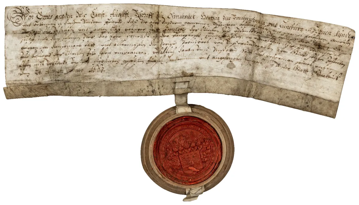 Ernst August I., vojvoda Braunschweig-Lüneburg. Biskup Osnabrücka – isprava 1663 – lenno pismo za Heinricha Meyera zu Schagen(?) i…