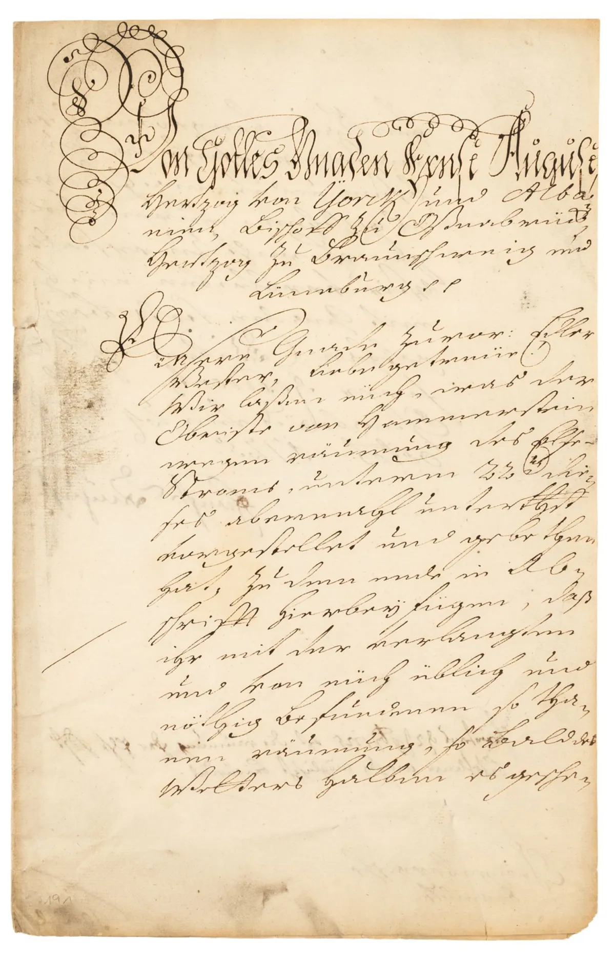 Ernst August II, hertug av Braunschweig og Lüneburg. Biskop av Osnabrück – brev med egenhendig underskrift. 2 s. på kansellipapir.