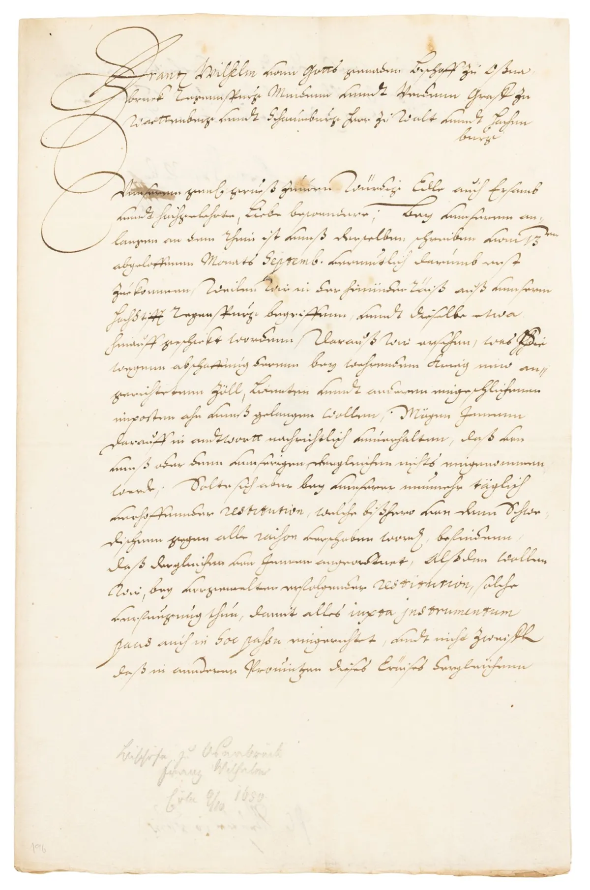 Franz Wilhelm von Wartenberg. Biskop af Osnabrück – "Frantz Wilhelm von Gottes Gnaden Bischoff zu Oßnabrück ... Bey dem fernen anlangen…