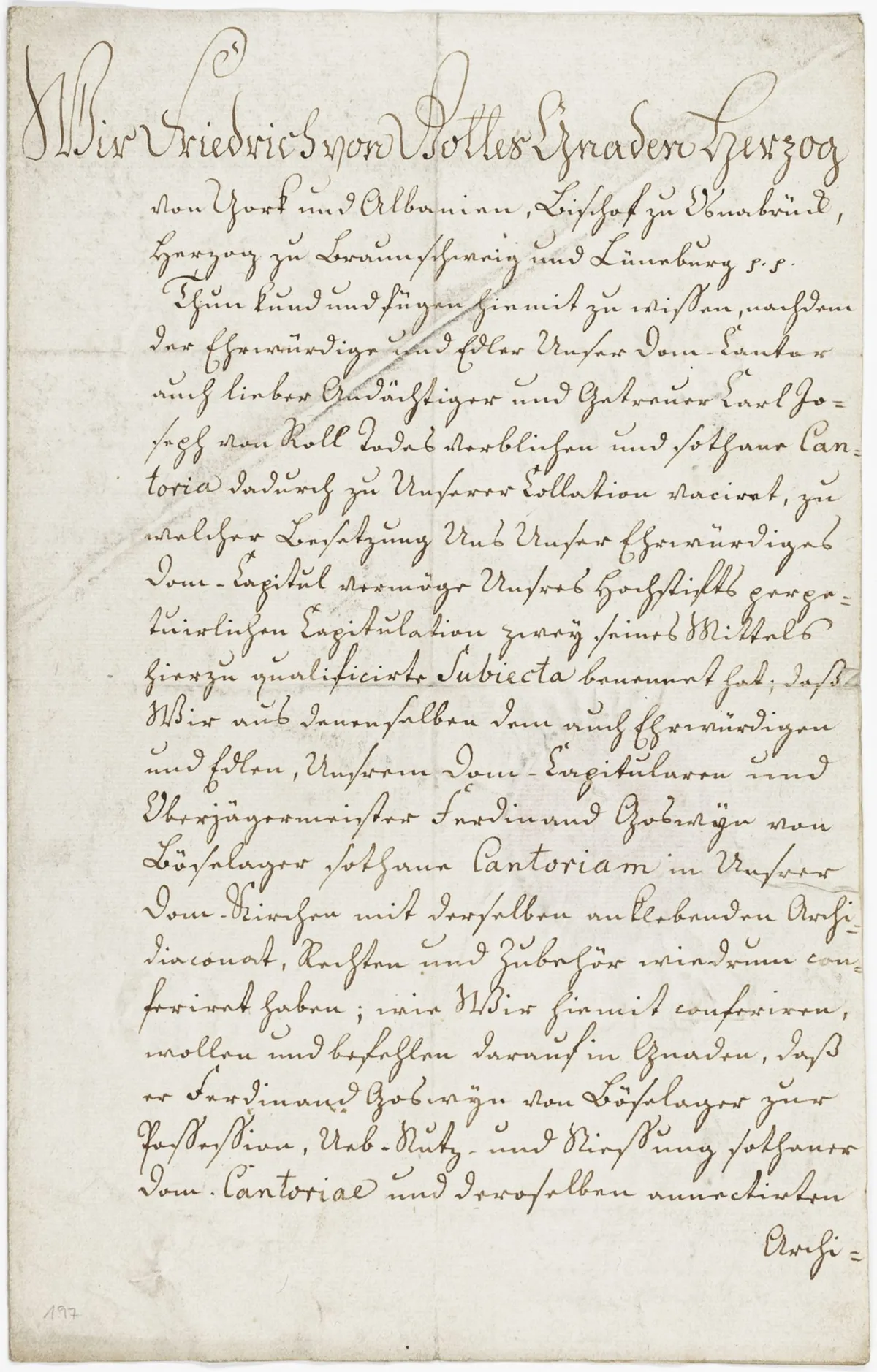 Friedrich, Duca di York. Vescovo di Osnabrück – Lettera con firma autografa. York, 3 sett. 1790. 1,5 p. 32 x 20 cm. Nomina…