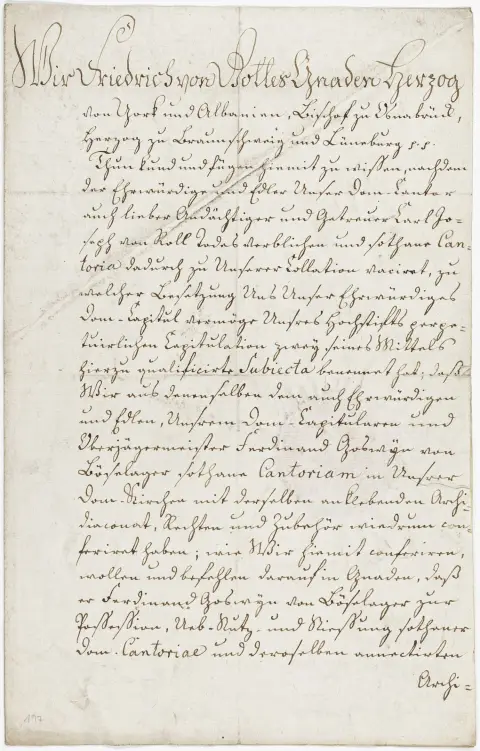 Friedrich, Herzog von York. Bischof zu Osnabrück – Brief mit eigenhändiger Unterschrift. York 3. Sept. 1790. 1,5 S. 32 x 20 cm. Ernennung…