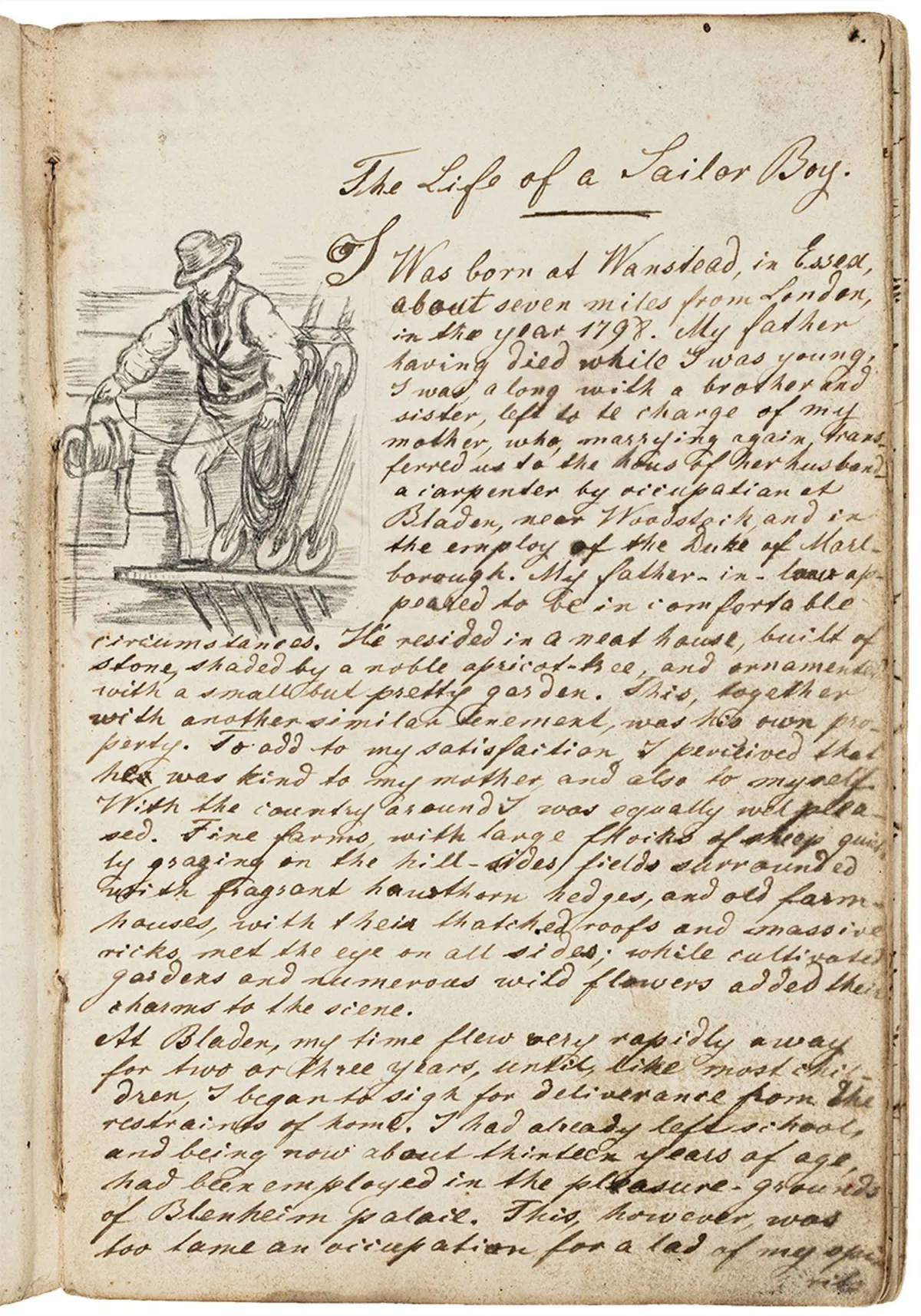 Leech, Samuel – The Life of a Sailor Boy. Engelsk håndskrift på papir. Med indgangsvignet og 5 bladstore skibstegninger i blyant.