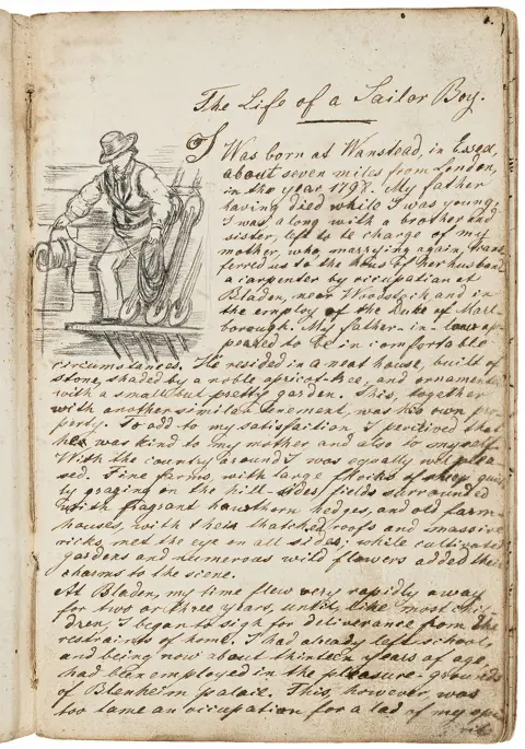 Leech, Samuel – The Life of a Sailor Boy. Englische Handschrift auf Papier. Mit Eingangsvignette und 5 blattgroßen Schiffszeichnungen in…