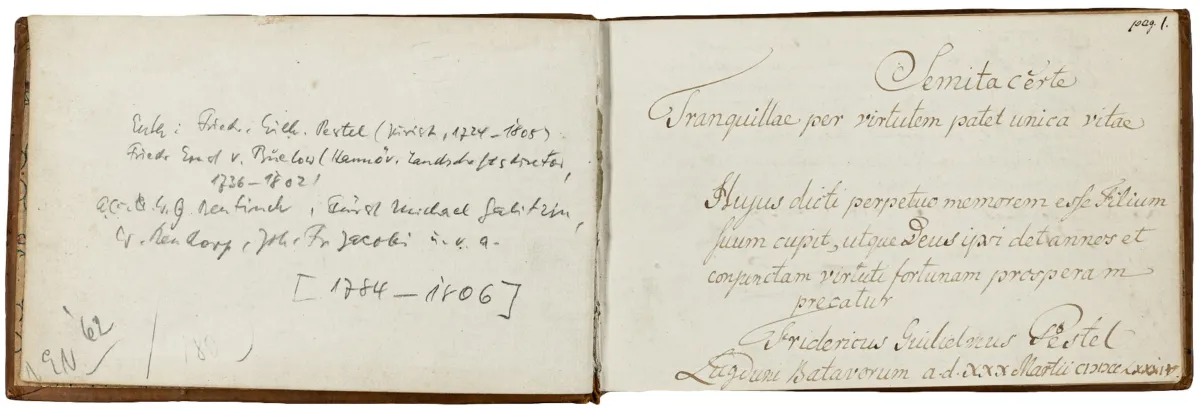 Liber amicorum – Album Amicorum C. F. Pestel. År 1783. 1784-1806. 78 blad, hvorav 55 delvis beskrevet på for- og bakside. Med 1 bladstor tusjtegning (datert 1786) og 1 vignett i tusj.