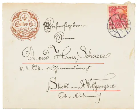 List, Guido v – Eigenhändiger, ganzseitiger Brief in Rot und Schwarz an Dr. med. H. Schaser. Wien, 9.9.1916. Auf eigenem Briefpapier, mit…