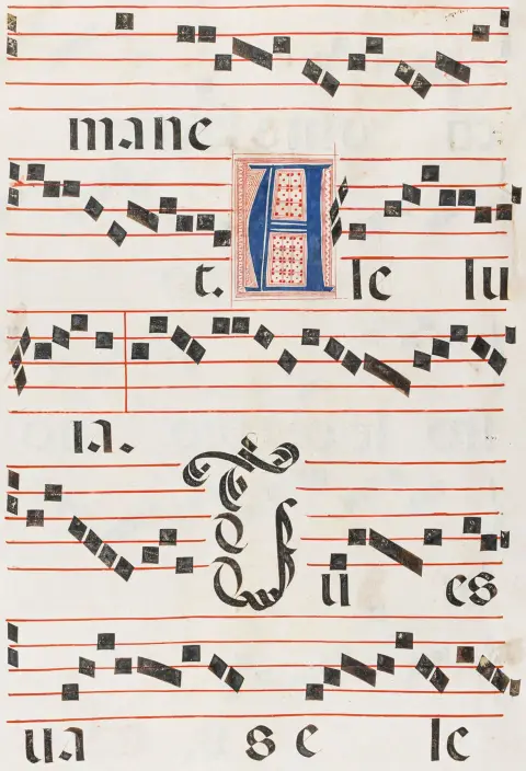 Musik – Quadratnoten. 32 beidseitig beschriebene Pergamentblätter mit lateinischer Noten-Handschrift, jeweils mit 1 Schmuckinitiale in Rot…