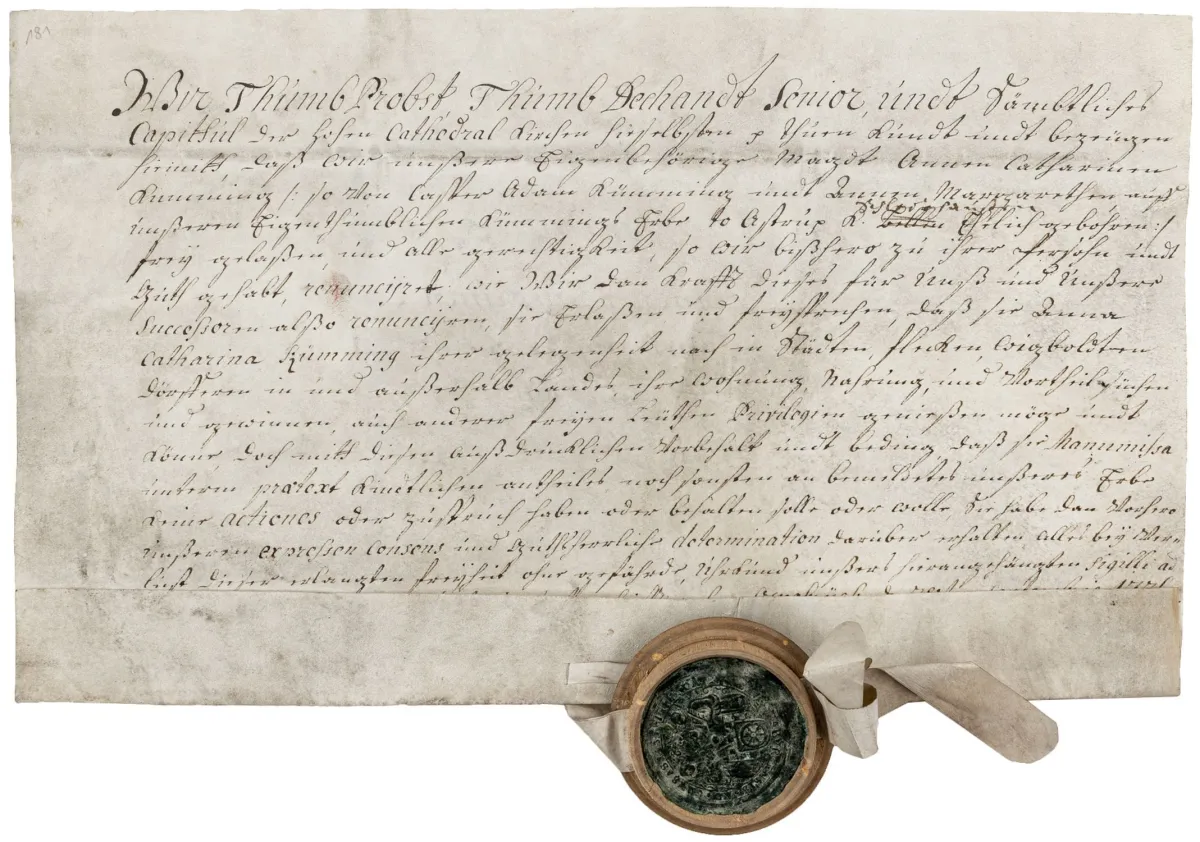 Nicolai, Friedrich – Atto di affrancamento per Anna Catharina Kümming di Astrup. Manoscritto su pergamena. Osnabrück, 28 sett. 1736. 21,5…