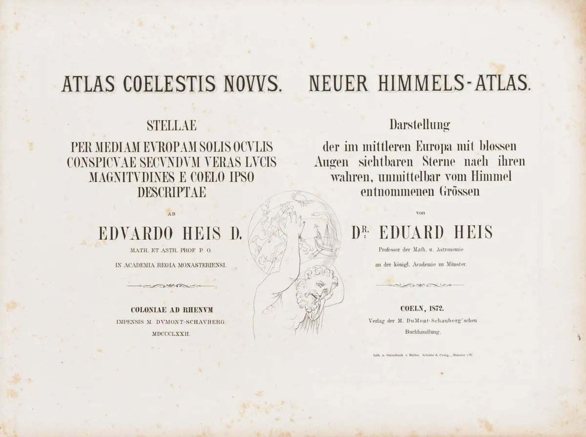 Astronomia – Heis, Eduard. Nuovo atlante celeste. Rappresentazione delle stelle visibili a occhio nudo nell'Europa centrale secondo le loro grandezze reali