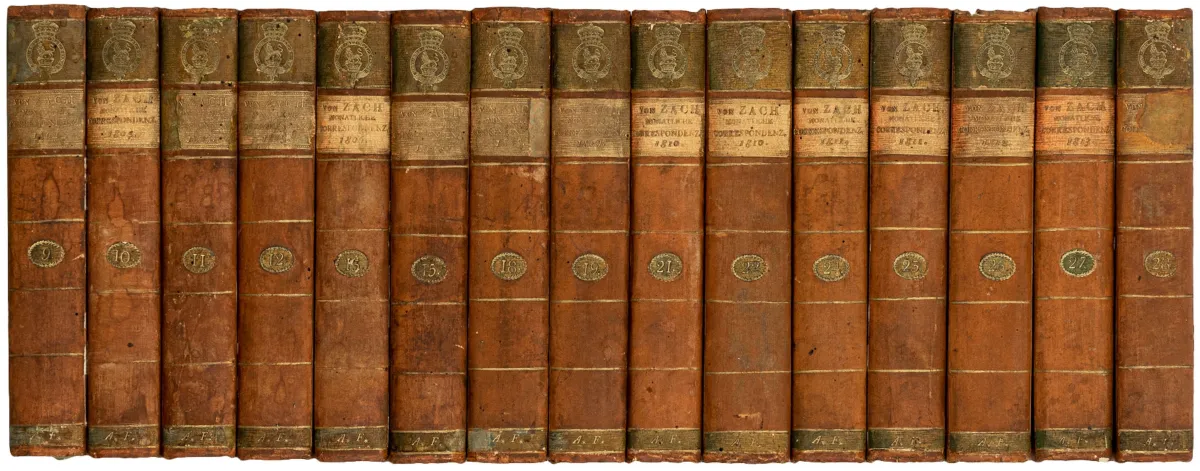 Astronomia – Monatliche Correspondenz zur Beförderung der Erd- und Himmels-Kunde. Herausgegeben von Franz Xaver von Zach. Bände 9-13, 15,…