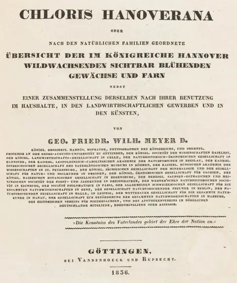 Biologija - botanika – Meyer, Georg Friedrich Wilhelm. Chloris Hanoverana ili pregled divlje rastućih vidljivo cvjetnih biljaka i paprati Kraljevstva Hannovera poredan po prirodnim porodicama…