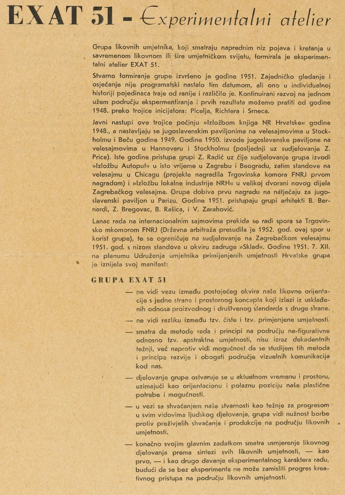 Avangarda – Istočna Europa – EXAT 51. Manifest. Objavljen povodom izložbe "Kristl / Picelj / Rasica / Srnec" Zagreb, Dvorana…