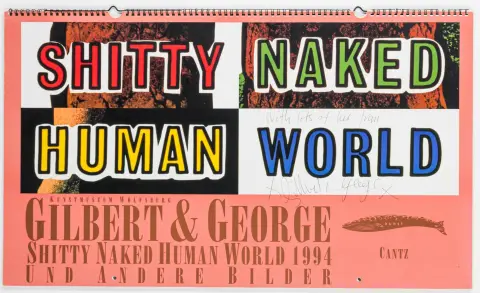 Gilbert & George – Shitty Naked Human World. Posterbuch mit 13 durchgehend farbig illustrierten Blatt. Wolfsburg, Kunstmuseum, 1994. 40 x…