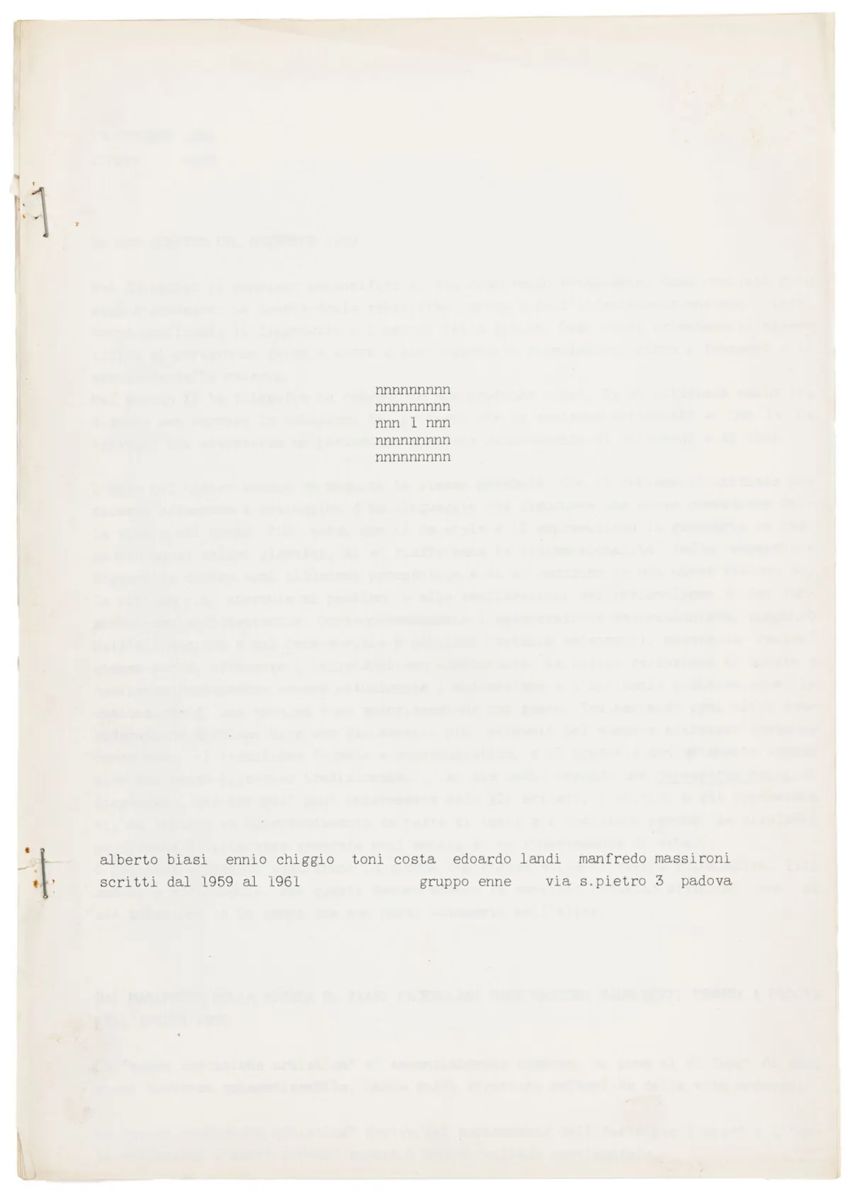 Gruppo N (enne) – Manifest 1. Und: Manifest 2. 2 strojopisna teksta. Padova, 1959-1961 i 1962. 2 spojena lista (spajanje obnovljeno) i 9…