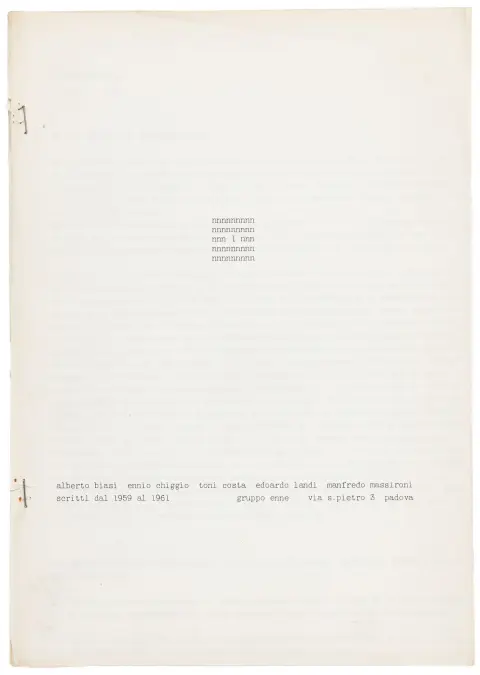 Gruppo N (enne) – Manifest 1. Und: Manifest 2. 2 Typoskripte. Padua, 1959-1961 und 1962. 2 geheftete Bl. (Klammerung erneuert) und 9…