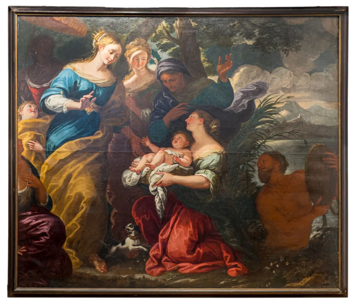 Mosesbarnets findelse – Olie på lærred (dubleret). Formentlig Venedig, første tredjedel af 18. århundrede. Blindramme: 185 x 212 cm.