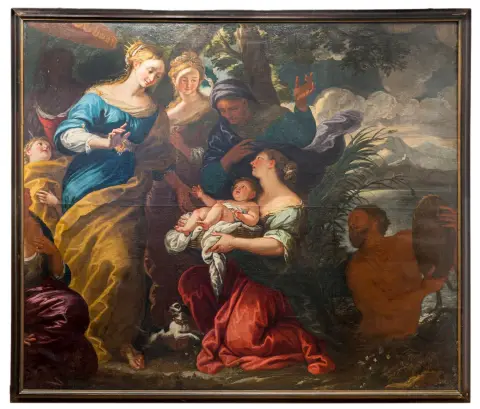 Die Auffindung des Mosesknaben – Öl auf Leinwand (doubliert). Wohl Venedig, erstes Drittel des 18. Jahrhunderts. Keilrahmen: 185 x 212 cm.…