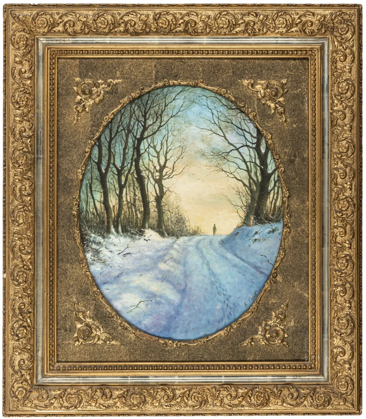 Cognet, A – Uden titel. (Spadserende i sne). Olie på træ. Signeret nederst til højre, delvist ulæseligt. Formentlig slutningen af 1800-tallet.