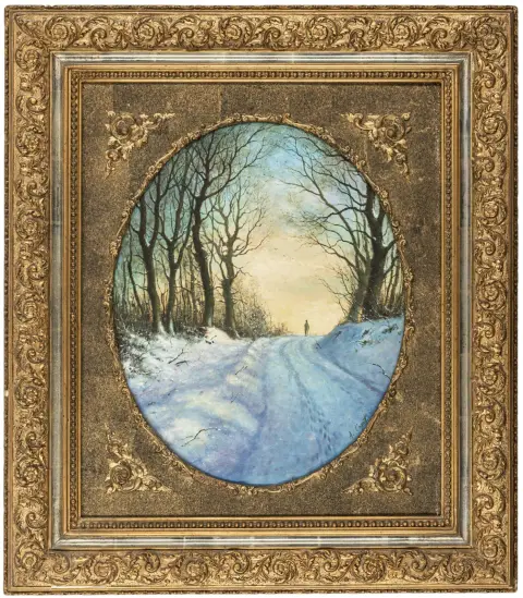 Cognet, A – Ohne Titel. (Spaziergänger im Schnee). Öl auf Holz. Unten rechts teils unleserlich signiert. Wohl Ende des 19. Jahrhunderts.…