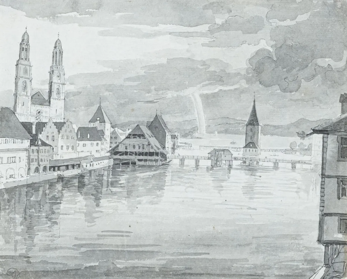 Dillis, Johann Georg von (pripisano) – Zürich. Tušem ispran crtež perom na vergé papiru s velikim vodenim znakom (po sredini odrezan).
