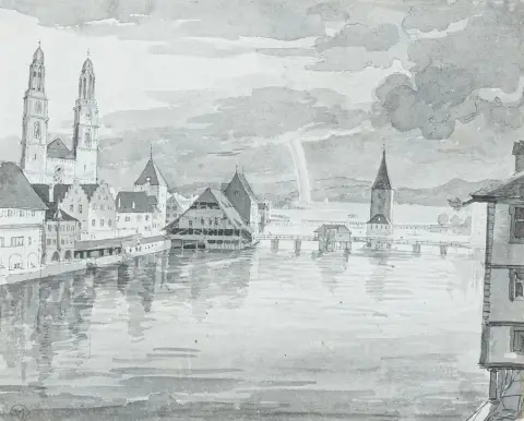 Dillis, Johann Georg von (zugeschrieben) – Zürich. Lavierte Tuschezeichnung über Feder auf Bütten mit großem Wasserzeichen (mittig…