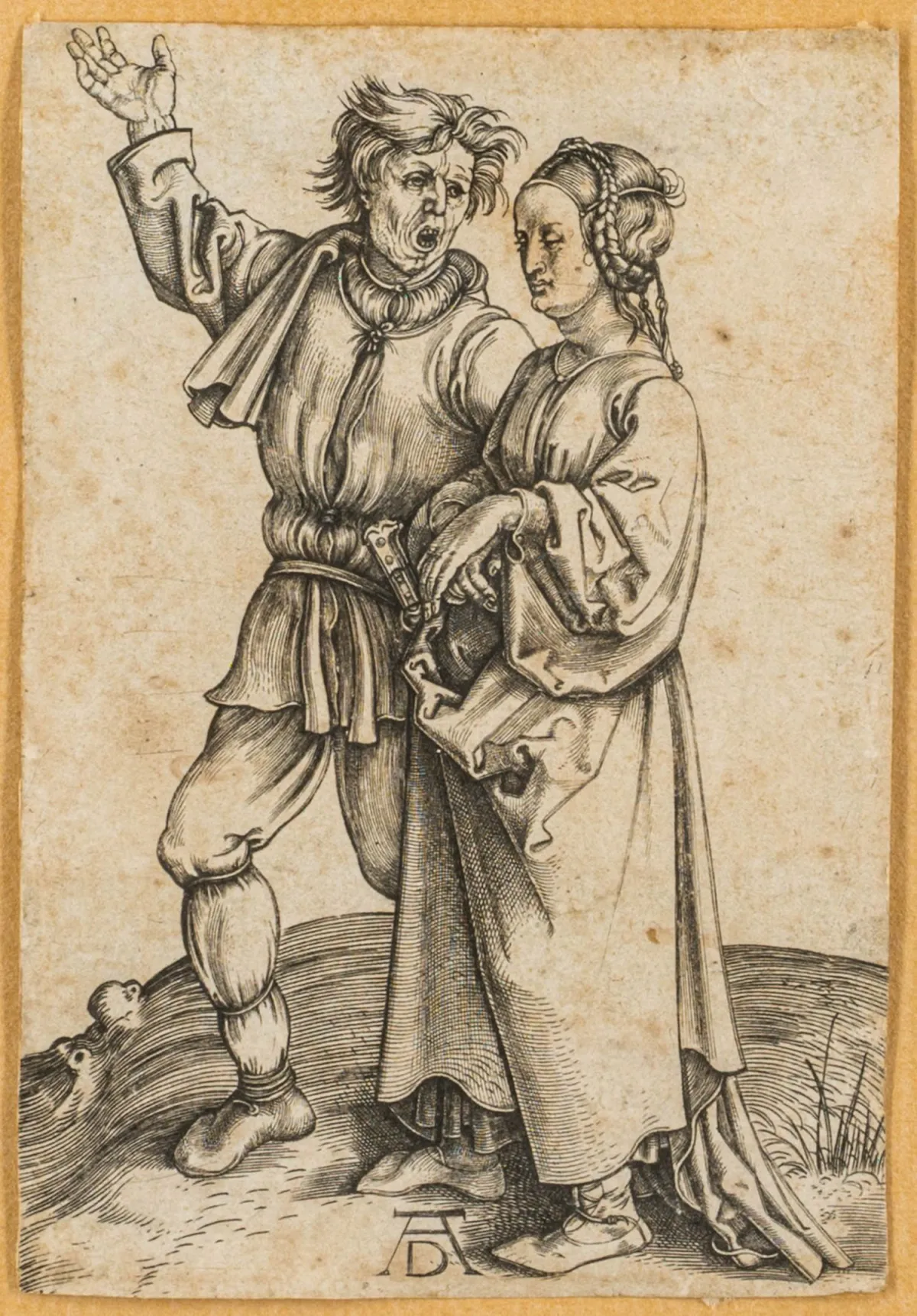 Dürer, Albrecht – Mladi seljak i njegova žena. Bakrorez na vergé papiru. Oko 1497/98. Na poleđini žig kolekcionara Hansa von und zu Aufsessa (Lugt 2750).