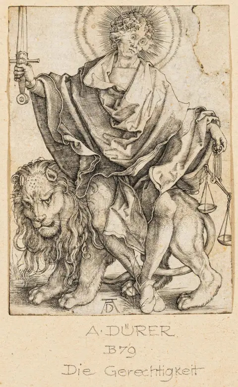 Dürer, Albrecht – Die Sonne der Gerechtigkeit. Kupferstich. Um 1499/1500. 10,7 x 7,6 cm. Am Kopf auf Karton montiert. Meder 73, wohl b…