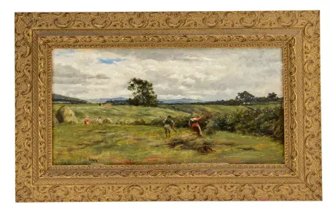 Hardie, Charles Martin – Ohne Titel. (Ernte). Öl auf Karton. Im unteren Bildrand monogrammiert "CMH", verso mit Aufkleber der Firma Geo…