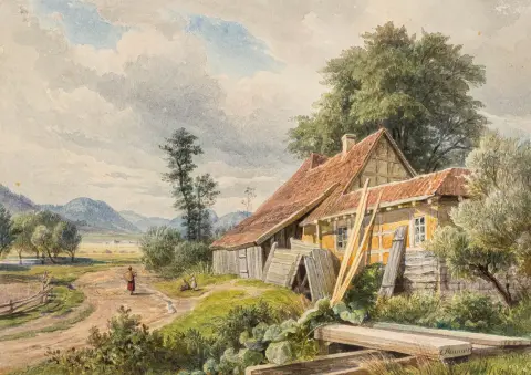 Hummel, Carl Maria Nicolaus – Dammmühle bei Friedrichroda. Aquarell auf Papier. Rechts unten signiert und datiert. Verso betitelt und…
