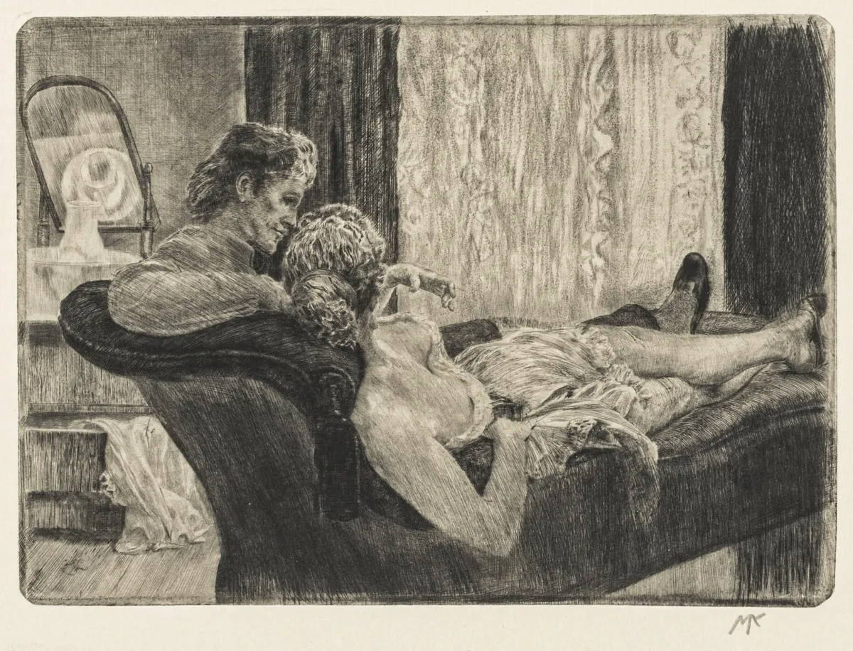 Klinger, Max – Studio scene ("Nach der Arbeit", "Siesta"). Etching